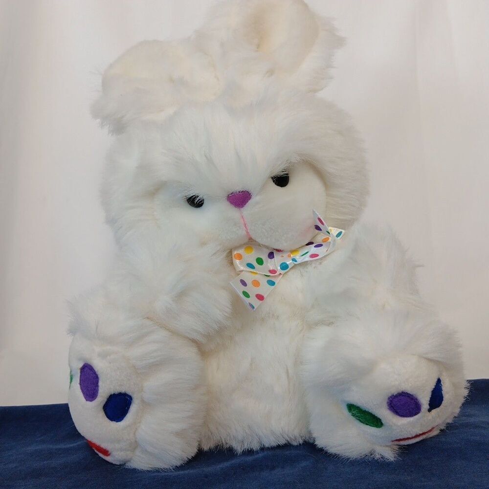 Fluffyville USA Plush White Bunny Rabbit Colorful Paws Bow Short Ears Stuffed